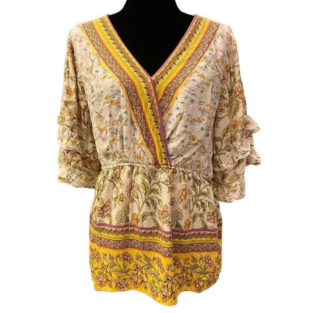 GigiO Cream Floral Boho Prairie Ruffle Short‎ Sleeve Top Size XL